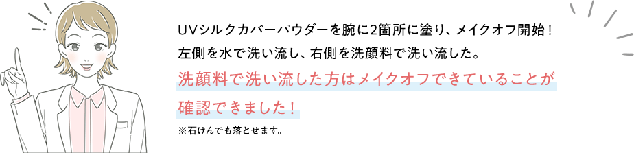 UVシルクカバーパウダーを腕に2箇所に塗り、メイクオフ開始！左側を水で洗い流し、右側を洗顔料で洗い流した。洗顔料で洗い流した方はメイクオフできていることが確認できました！